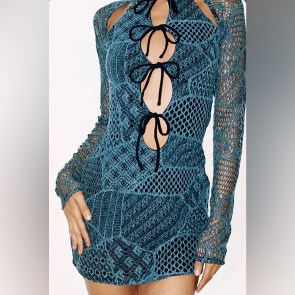 With Jéan Blue Crochet Long Sleeve Dress